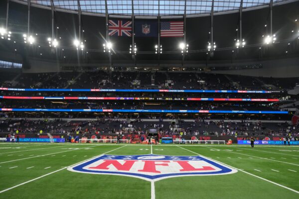 Oct 5, 2025; Tottenham, United Kingdom; The British, NFL shield logo and the United States flags during an NFL International Series game at Tottenham Hotspur Stadium. Mandatory Credit: Kirby Lee-Imagn Images